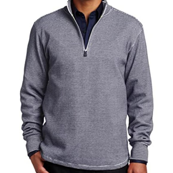 Robert Graham Navy Striped Gunther 1/4 Zip Cotton Sweater - L - Picture 1 of 11